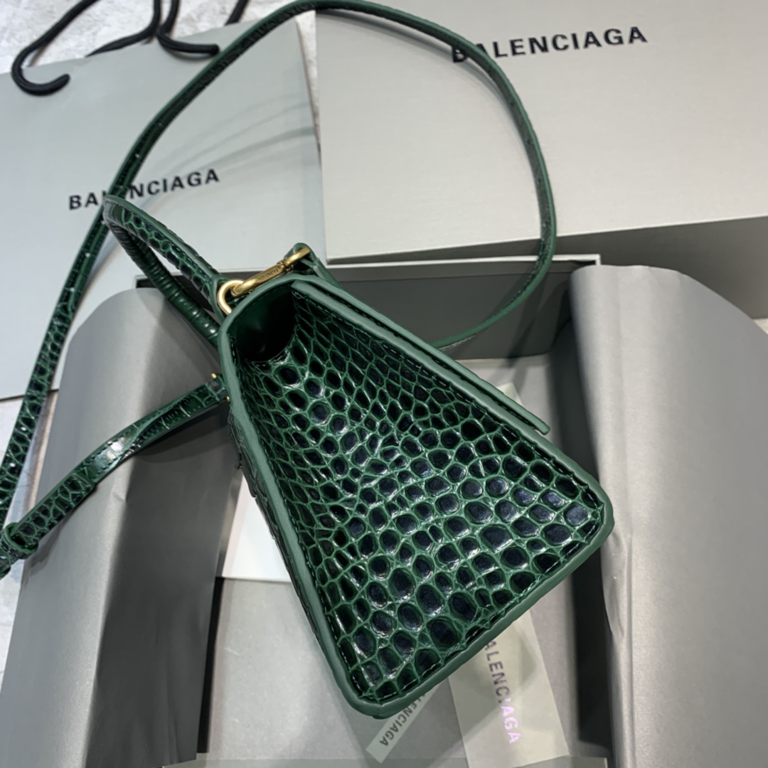 Balenciaga Hourglass Small Handbag Crocodile Embossed Shoulder Bag Dark Green